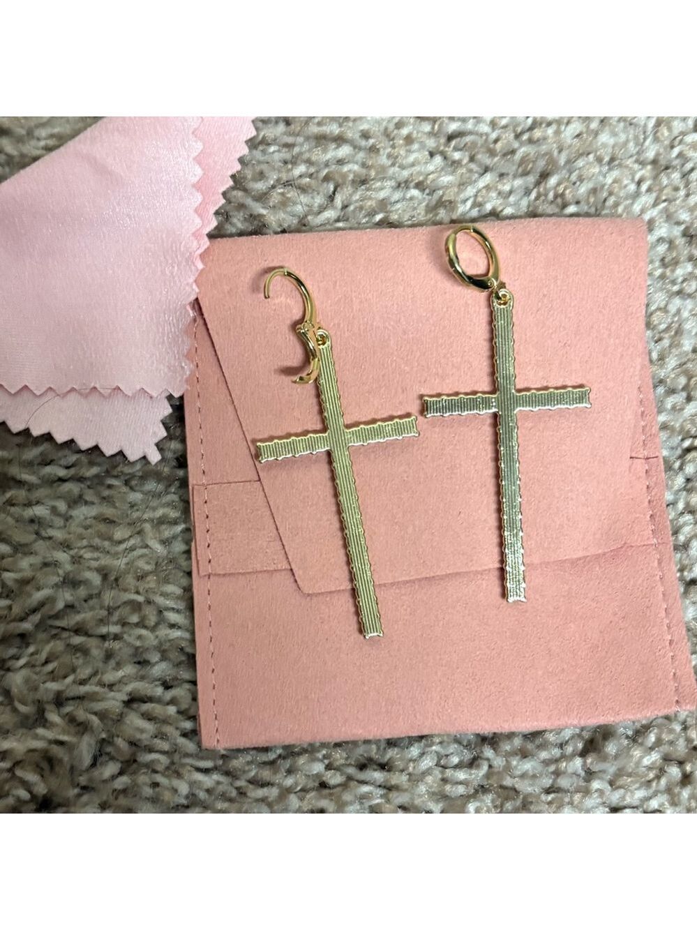 New cross earrings yellow gold cubic zirconia cz 2 inch religious jewelry NWOT - Picture 6 of 11
